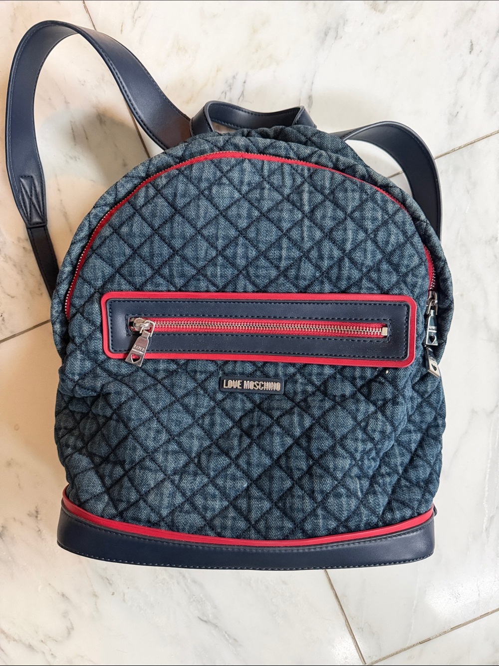 Love Moschino Quilted Navy Backpack with Red Trim and Silver Hardware